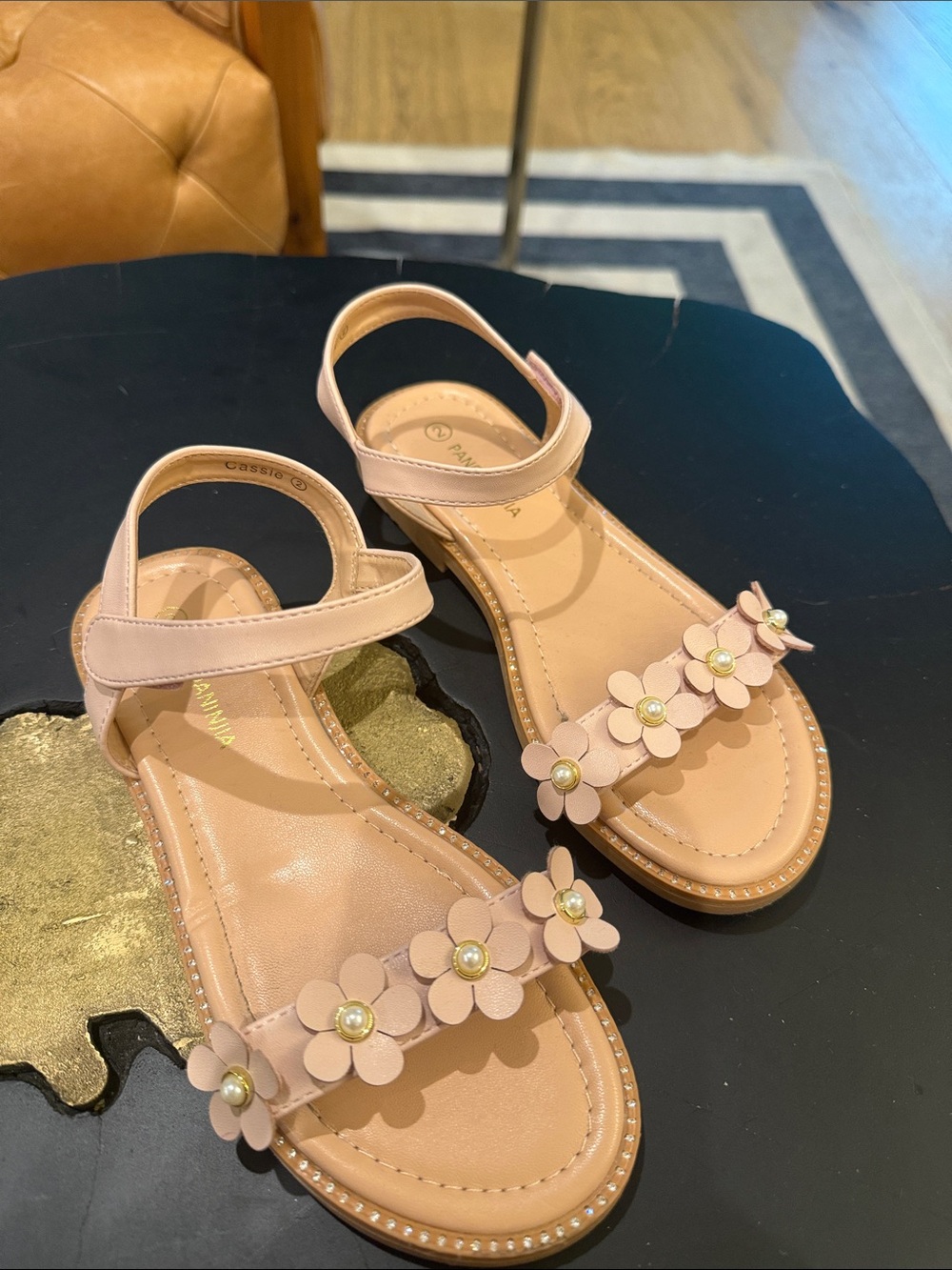 Girls' Pink Floral Strap Sandals with Sparkly Edges size 2